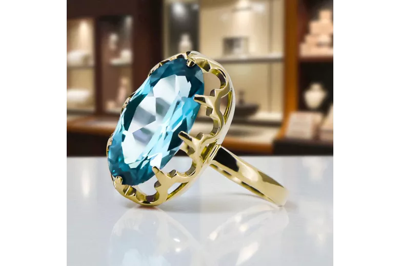 14k żółte złoto Akwamaryn Pierścionek Vintage Biżuteria vrc253y